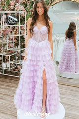 Spaghetti Straps Lilac Beaded A-Line Layered Fluffy Prom Dress with Slit