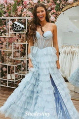 Spaghetti Straps Lilac Beaded A-Line Layered Fluffy Prom Dress with Slit