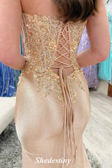 Sequin Applique Sweetheart Champagne Mermaid Prom Dress with Slit