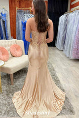 Sequin Applique Sweetheart Champagne Mermaid Prom Dress with Slit