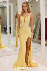 Rhinestone V-Neck Yellow Mermaid Prom Dress with Sequin Applique