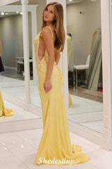 Rhinestone V-Neck Yellow Mermaid Prom Dress with Sequin Applique