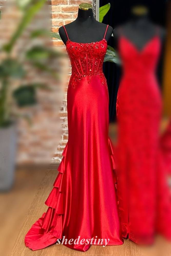 Mermaid Red Spaghetti Straps Ruffle Prom Dress with Sequin