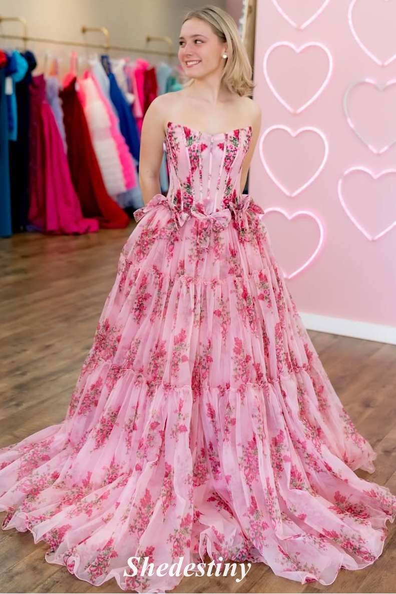 Flower Print Blush Strapless A-Line Prom Dress with Bowknot