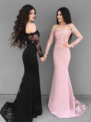 Custom Made Black/Pink Mermaid Long Sleeves Lace Prom Dresses, Lace Mermaid Bridesmaid Dresses, Formal Dresses