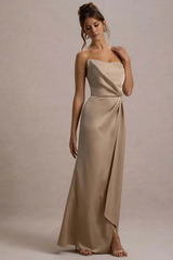 Asymmetric neckline satin strapless drape and floor length evening dress - jimiss dress