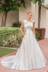 A-line shoulder asymmetrical bow tail and floor length wedding dress