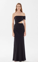 A-line heart-shaped collar shoulder baring tight fitting and floor length evening dress