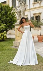 Perfect satin strapless A-line backless tight corset wedding dresses
