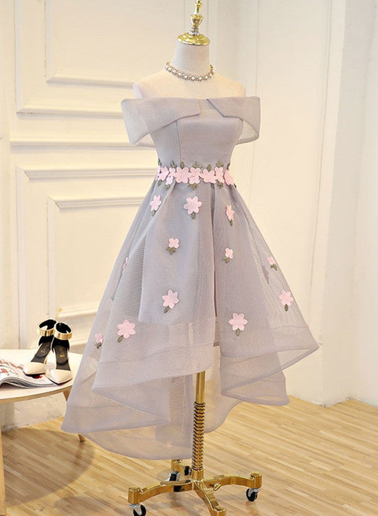 Light Grey Tulle with Flowers High Low Fashionable Party Dress,  Grey Homecoming Dresses