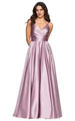 V-neck thin shoulder strap satin cross exposed back and floor length evening dress