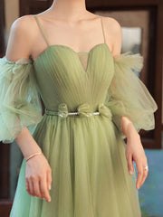Green tulle A line long prom dress, green tulle formal dress