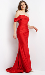 A-line off shoulder collar with single sleeves and trumpet shaped Prom dress