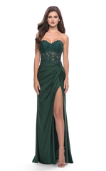 Chicken heart collar lace decal sleeveless side slit and floor length evening dress