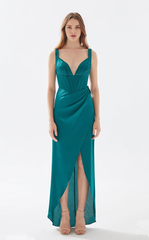 Deep V-neck sleeveless high slit and floor length evening dress