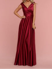 A-Line Bridesmaid Dress Straps / Plunging Neck / V Neck Short Sleeve Plus Size Floor Length Shantung / Jersey with Pleats / Draping / Ruching
