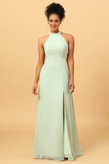 Dusty Sage long slit chiffon bridesmaid dress