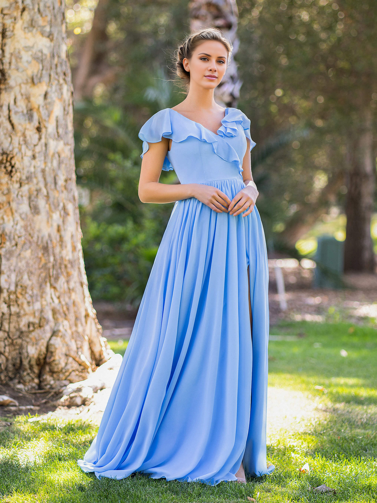 V-neck asymmetrical top chiffon and floor length formal dress
