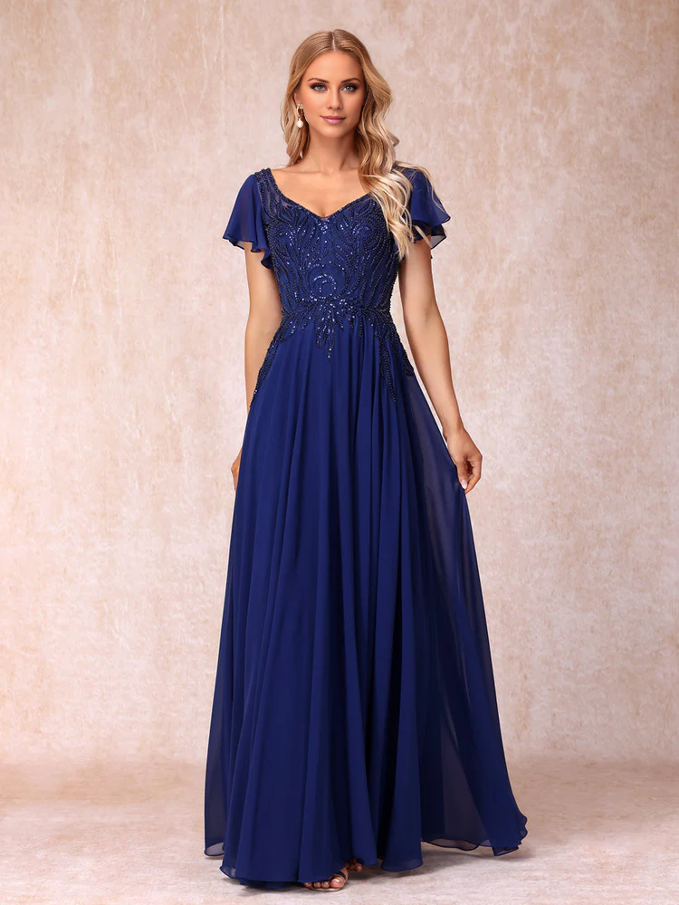 A-line/Princess V-neck short sleeved long formal mother of the bride dress