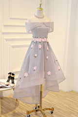 Light Grey Tulle with Flowers High Low Fashionable Party Dress,  Grey Homecoming Dresses