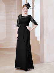 Low round lace neckline with ruffled edges, tight fitting mother of the bride dress