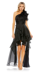 One shoulder collar tight corset with ruffled edges and floor length evening dress
