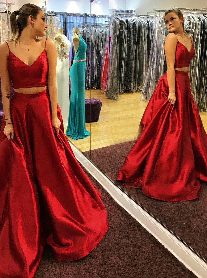 Red Satin Two Piece Spaghetti Straps Prom Dress with Pleats