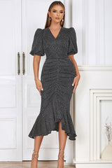 Black Bodycon V Neck Polka Dot Ruched Formal Dress with Puff Sleeves
