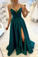 Green Satin Long Prom Dresses, A-Line Evening Party Dresses