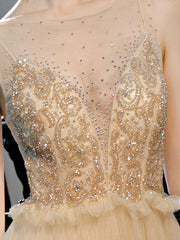Champagne A line manual beads tulle long prom dress, tulle evening dress