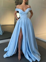 Simple blue off shoulder satin long prom dress, blue formal dress