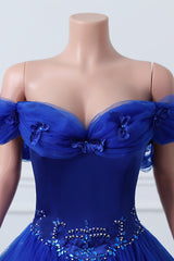 Royal Blue off-the-shoulder lieverd kralen bloemen baljurk tule prom-jurken