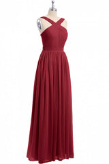 Red Chiffon Cross-Front A-Line lange bruidsmeisje jurk