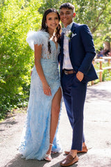Red Feather Lace Off-the-Shoulder Long Prom Dress with Slit