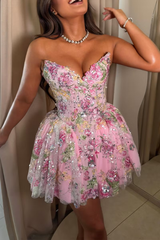 Pink Floral Strapless Glitter Homecoming Mini Dress with Sweetheart Neckline