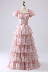 A Line Square Neck Light Blue Tiered Prom Dress with Ruffles