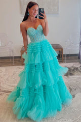 Strapless Tulle Sweetheart Tiered A-Line Long Prom Dress with Ruffles