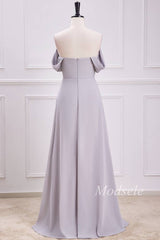 Gray Chiffon Off-the-Shoulder Maxi Dress with Slit