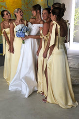 Light Yellow Straps A-Line Bridesmaid Dress with Slit