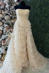 Black Tulle Strapless Ruffle Beaded Long Prom Dress with Slit