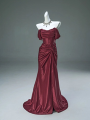 Burgundy Off Shoulder Mermaid Satin Long Formal Evening Party Dresses, HZ0319