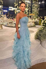 Strapless Ice Blue Ethereal Ruffle A-Line Prom Dress