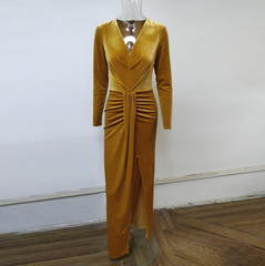 Sexy V-Neck Long Sleeve Split Velvet Prom Dress KS843