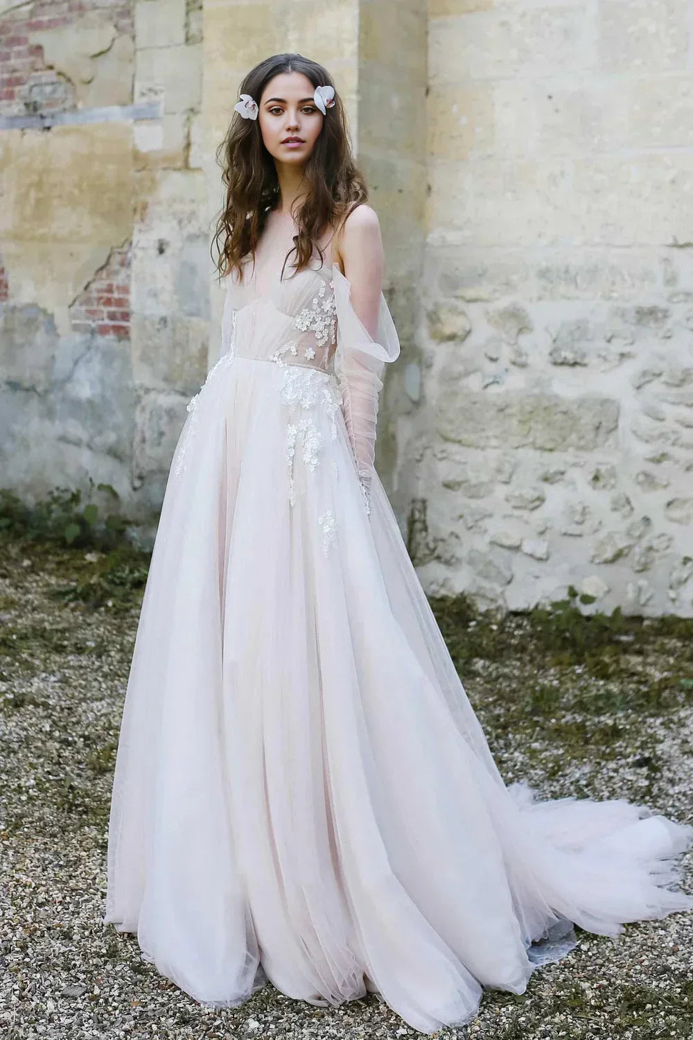 A-line Off-the-Shoulder Flower Appliqued Illusion Tulle Sweep Train Wedding Dresses