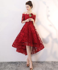 Burgundy lace high low prom dress, burgundy homecoming dress