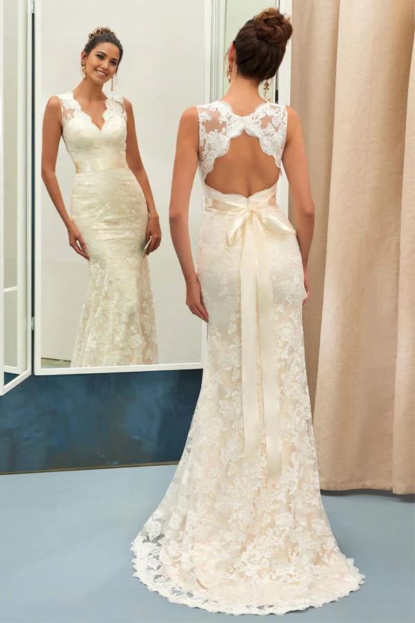 Mermaid Sheath Charming V Neck Lace Wedding Dress With Sashes