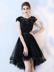 Black lace short prom dress, hight low homecoming dress