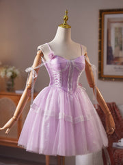 A-Line Tulle Lace Purple Short Prom Dress, Purple Homecoming Dress