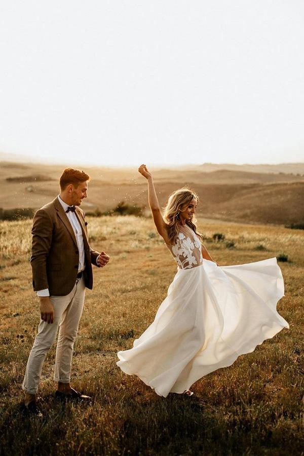A-line Beach See Through Floor Length Rustic Bridal Dresses Wedding Dresses