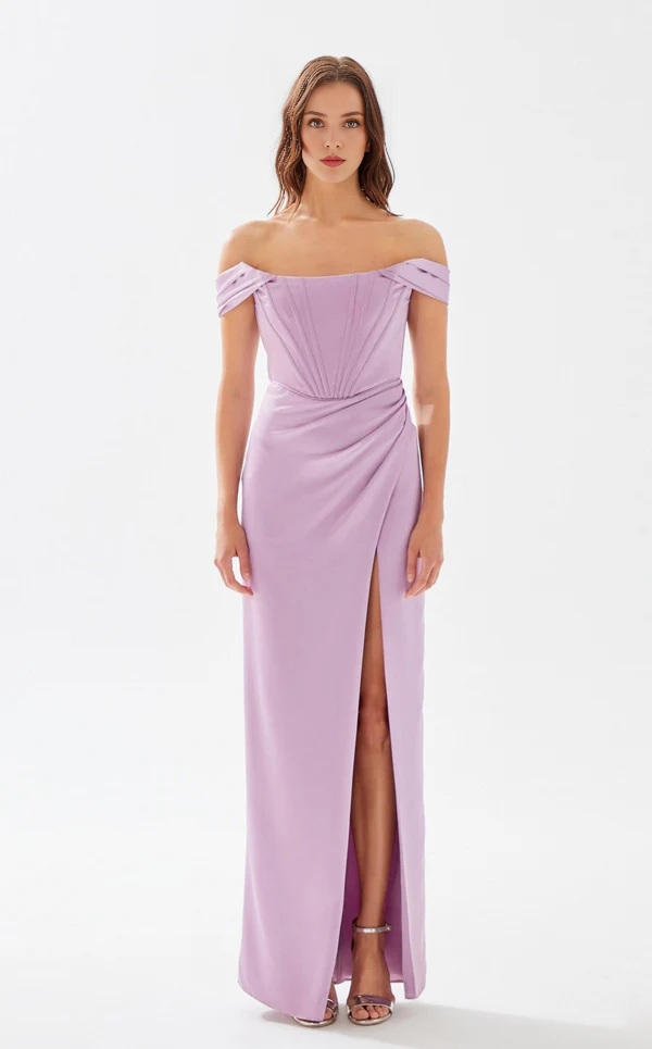 A-line off shoulder tight corset with side slits and floor length evening dress